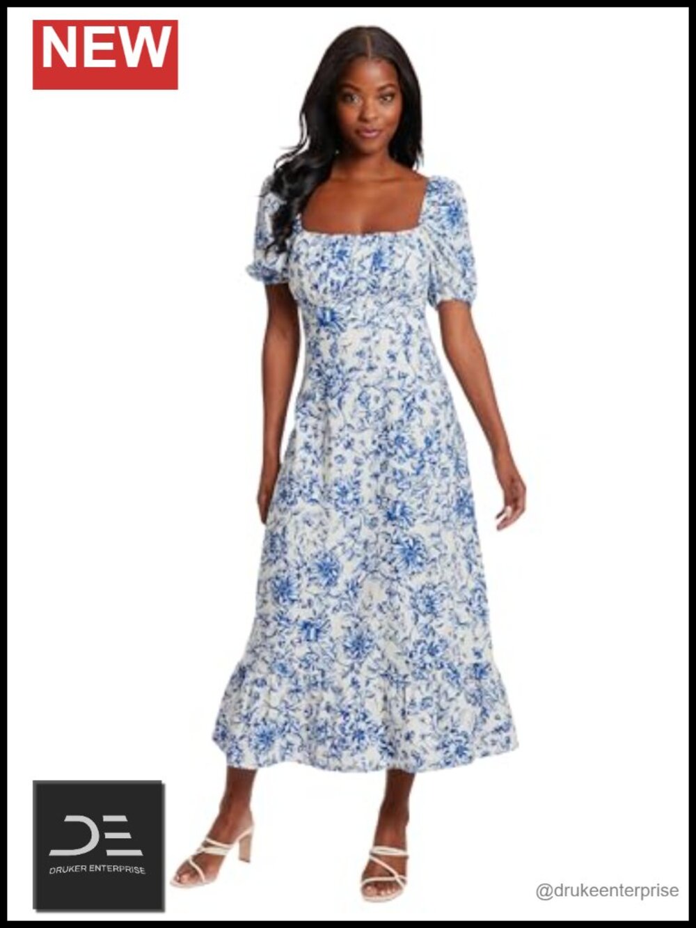 Linen blend smocked dress square neck fit flare floral midi